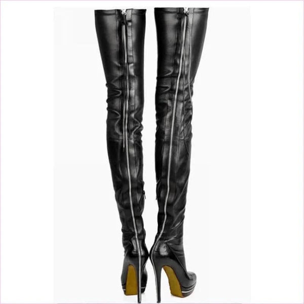Real Leather Thigh Length Platform Boots in Black