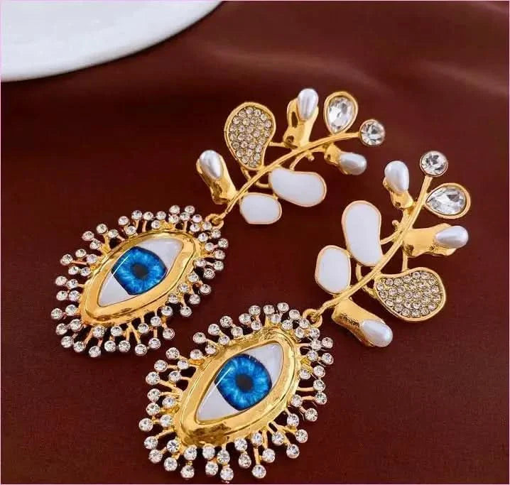 Retro High-end Diamante Evil Eye Earrings with Blue Centerpieces