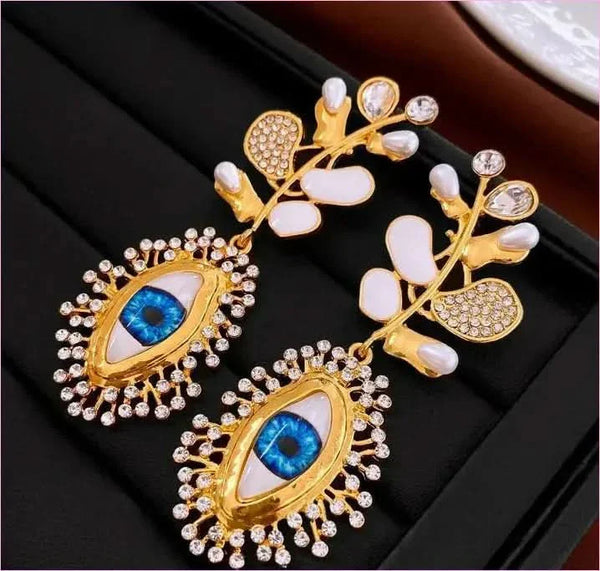 Retro High-end Diamante Evil Eye Earrings with Blue Centerpieces