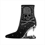 Rhinestone Skull Ladies Boots with Tiger Tooth Profiled Heel