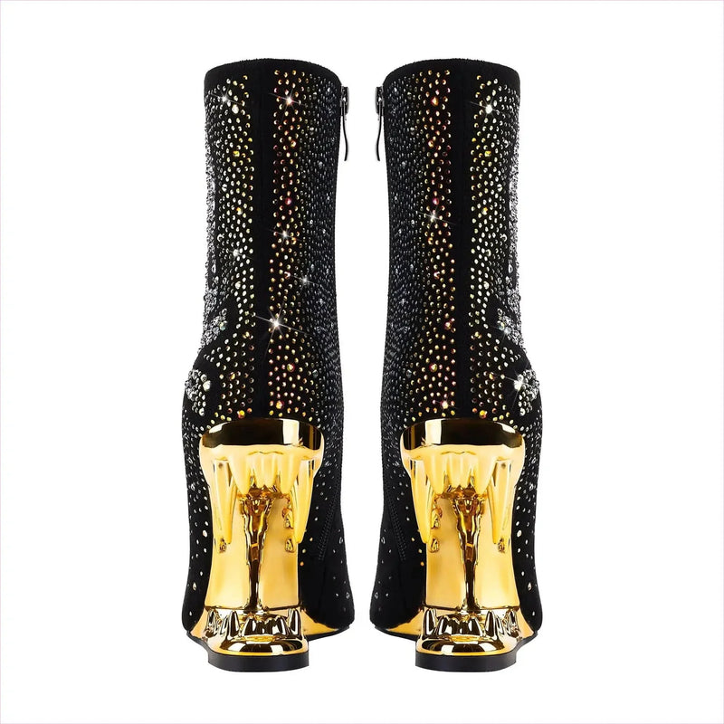 Rhinestone Skull Ladies Boots with Tiger Tooth Profiled Heel
