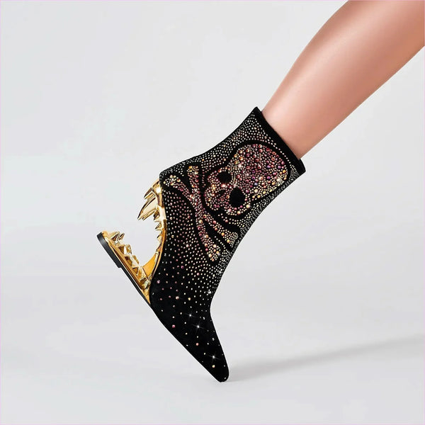 Rhinestone Skull Ladies Boots with Tiger Tooth Profiled Heel