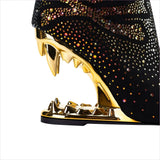 Rhinestone Skull Ladies Boots with Tiger Tooth Profiled Heel