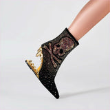 Rhinestone Skull Ladies Boots with Tiger Tooth Profiled Heel