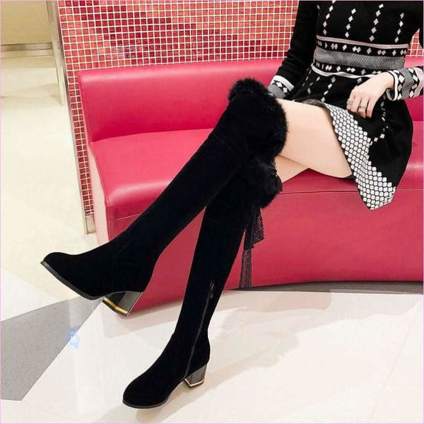 Round Toe Chunky High Heel Fur Lined Boots for Winter Style