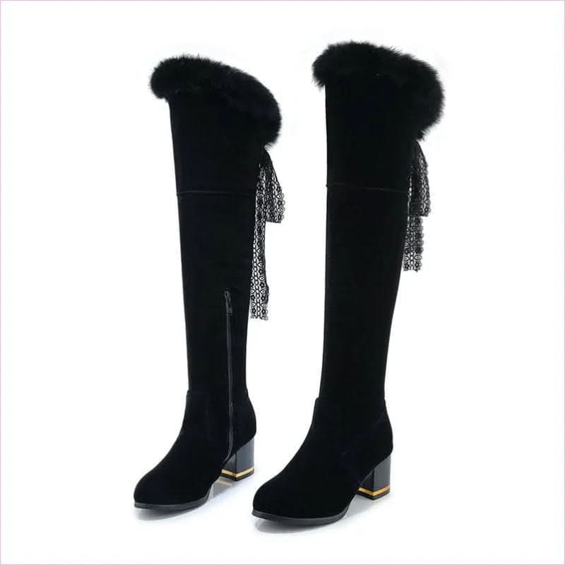 Round Toe Chunky High Heel Fur Lined Boots for Winter Style
