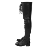 Shiny Black Lace-up Side Zip Low Heel Thigh Boots