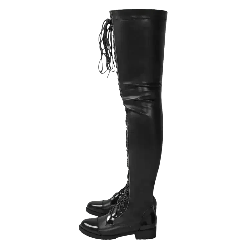 Shiny Black Lace-up Side Zip Low Heel Thigh Boots