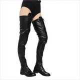 Shiny Black Lace-up Side Zip Low Heel Thigh Boots