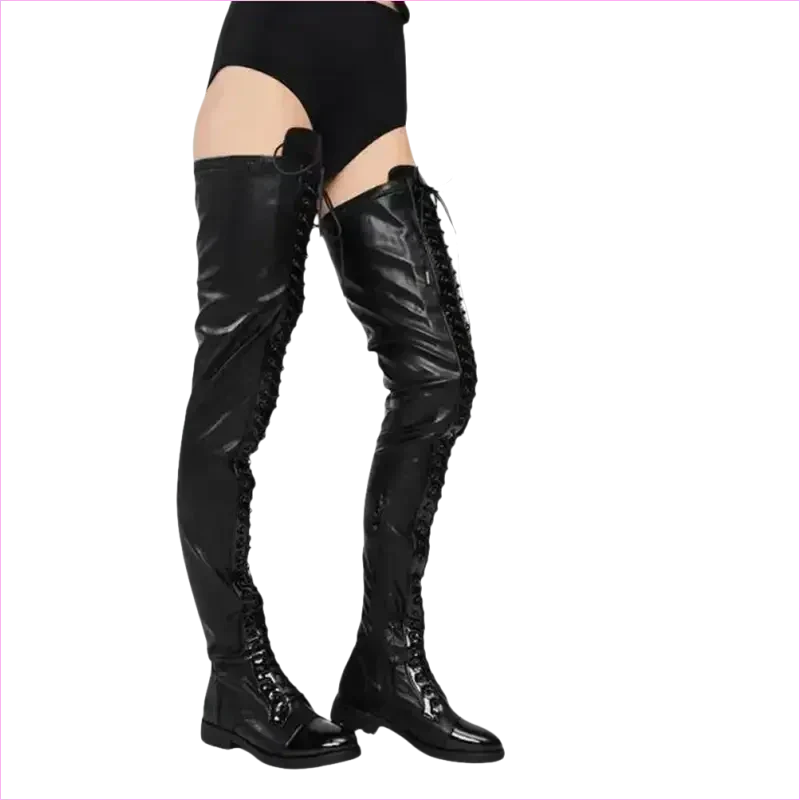 Shiny Black Lace-up Side Zip Low Heel Thigh Boots