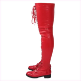 Shiny Black Lace-up Side Zip Low Heel Thigh Boots