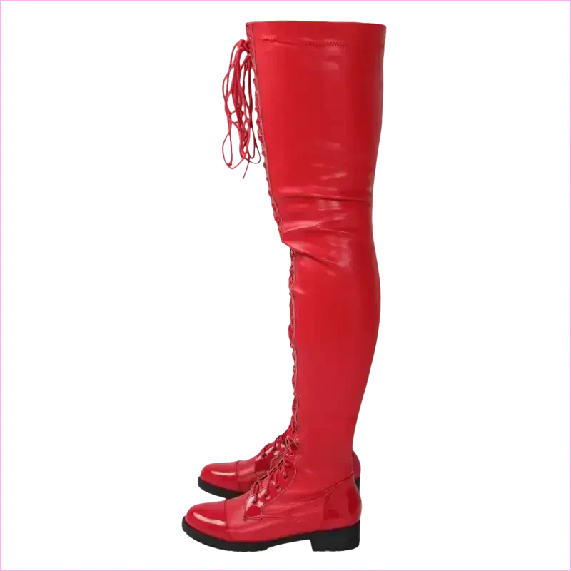 Shiny Black Lace-up Side Zip Low Heel Thigh Boots