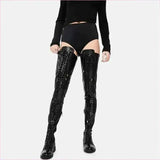 Shiny Black Lace-up Side Zip Low Heel Thigh Boots