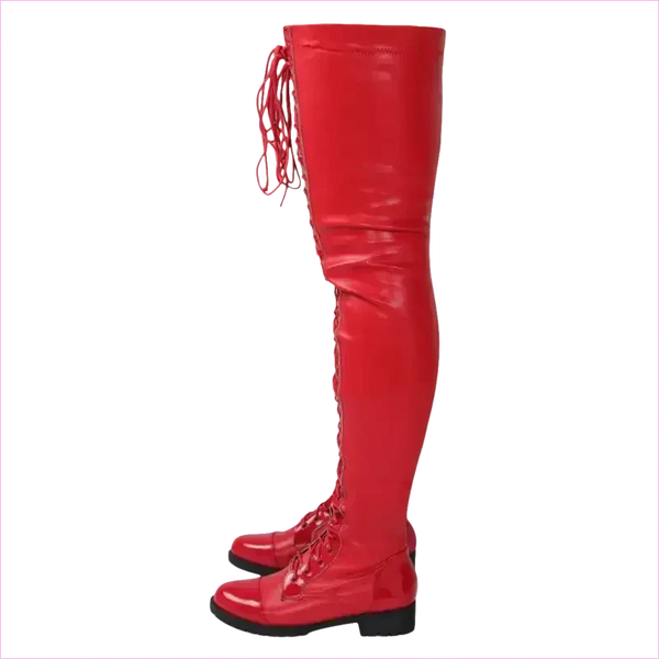 Shiny Black Lace-up Side Zip Low Heel Thigh Boots