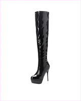 Shiny Black Patent Leather Knee Platform Stiletto Boots