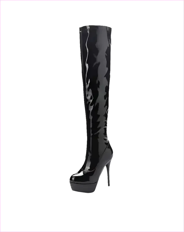 Shiny Black Patent Leather Knee Platform Stiletto Boots