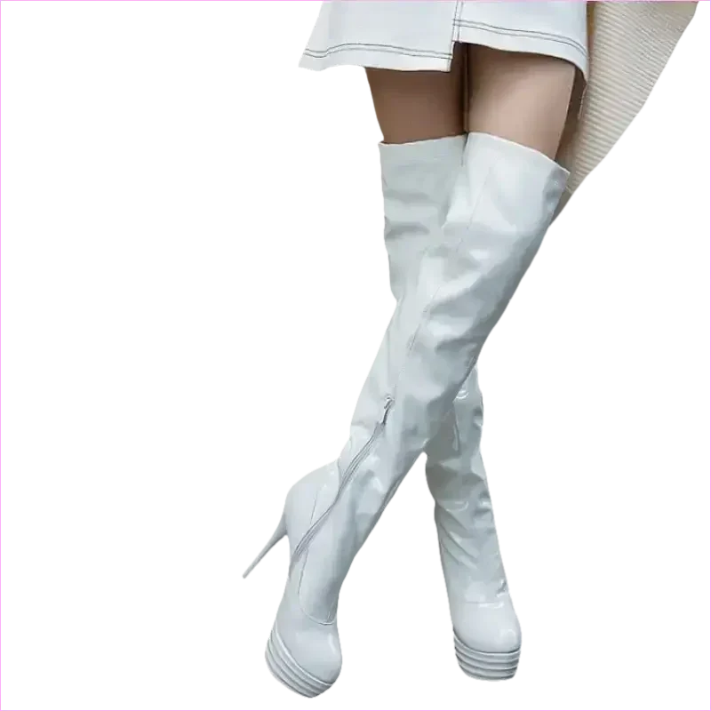Shiny Black Patent Leather Knee Platform Stiletto Boots