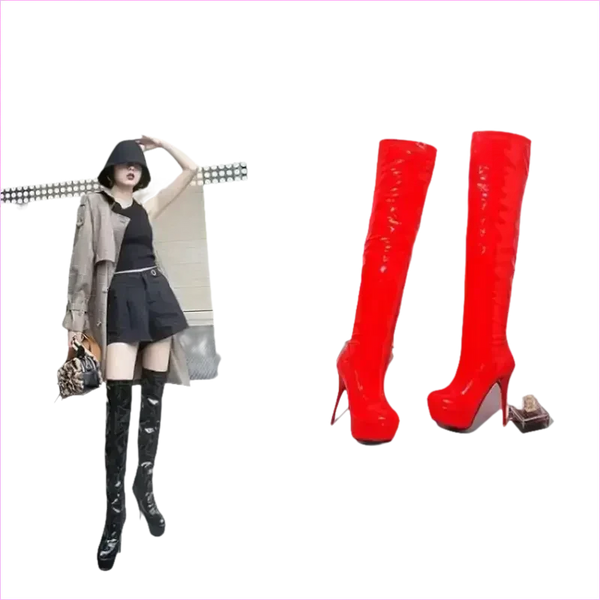 Shiny Black Patent Leather Knee Platform Stiletto Boots
