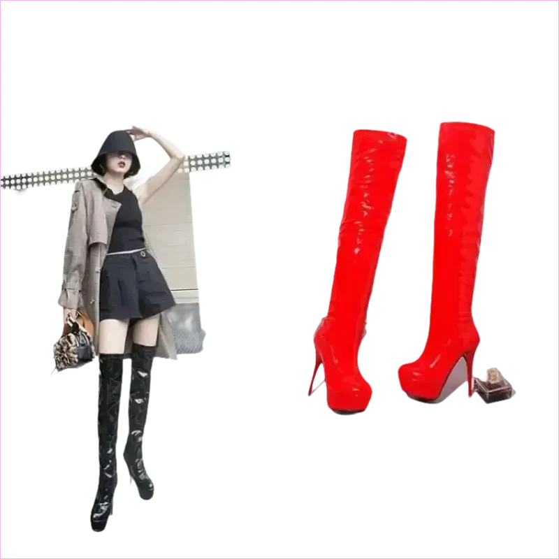 Shiny Black Patent Leather Knee Platform Stiletto Boots