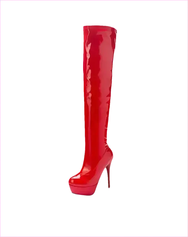 Shiny Black Patent Leather Knee Platform Stiletto Boots
