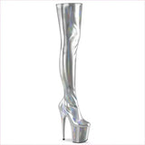 Shiny Black Patent Leather Thigh Length Boots with Iridescent Streaks