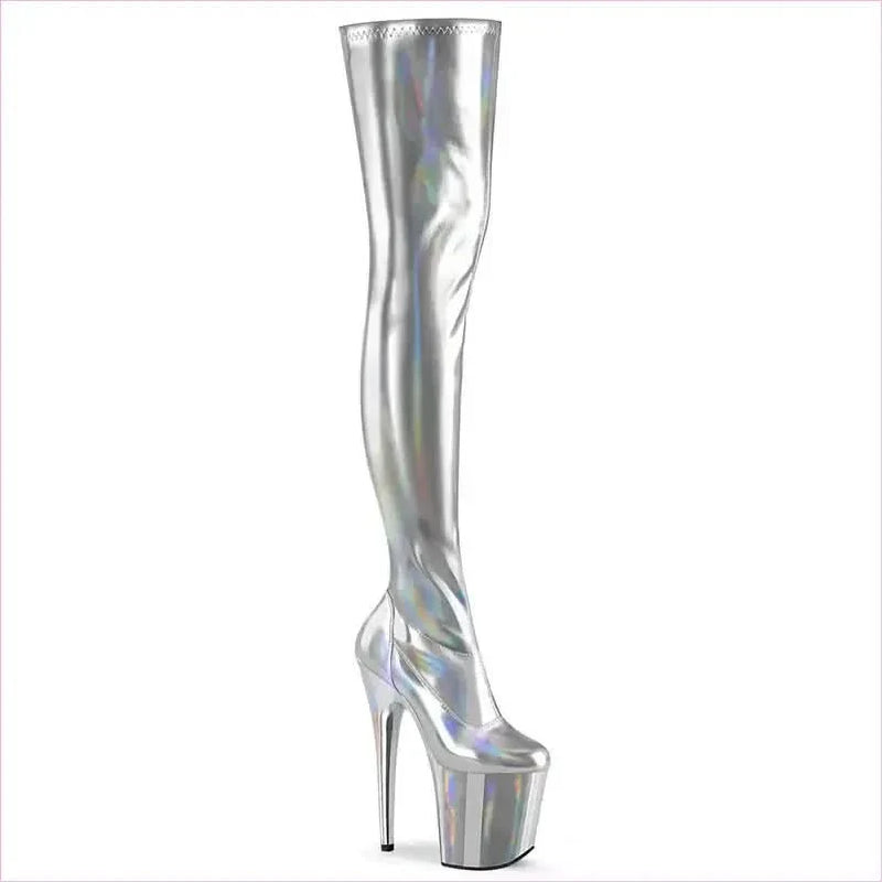 Shiny Black Patent Leather Thigh Length Boots with Iridescent Streaks