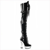 Shiny Black Patent Multi Buckle Thigh High Boots with Transparent Heel