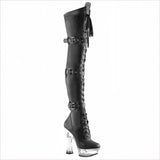 Shiny Black Patent Multi Buckle Thigh High Boots with Transparent Heel