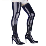 Shiny Black Slim High Heel Thigh Length Elastic Boots