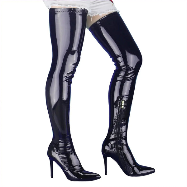 Shiny Black Slim High Heel Thigh Length Elastic Boots