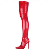 Shiny Black Slim High Heel Thigh Length Elastic Boots
