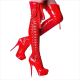 Shiny Black Thigh High Patent Ladies Boots with Lace-up Fronts
