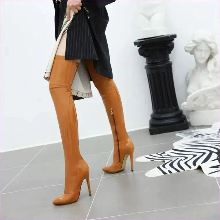 Shiny Black Thigh-high Patent Leather High Heel Womens Boots