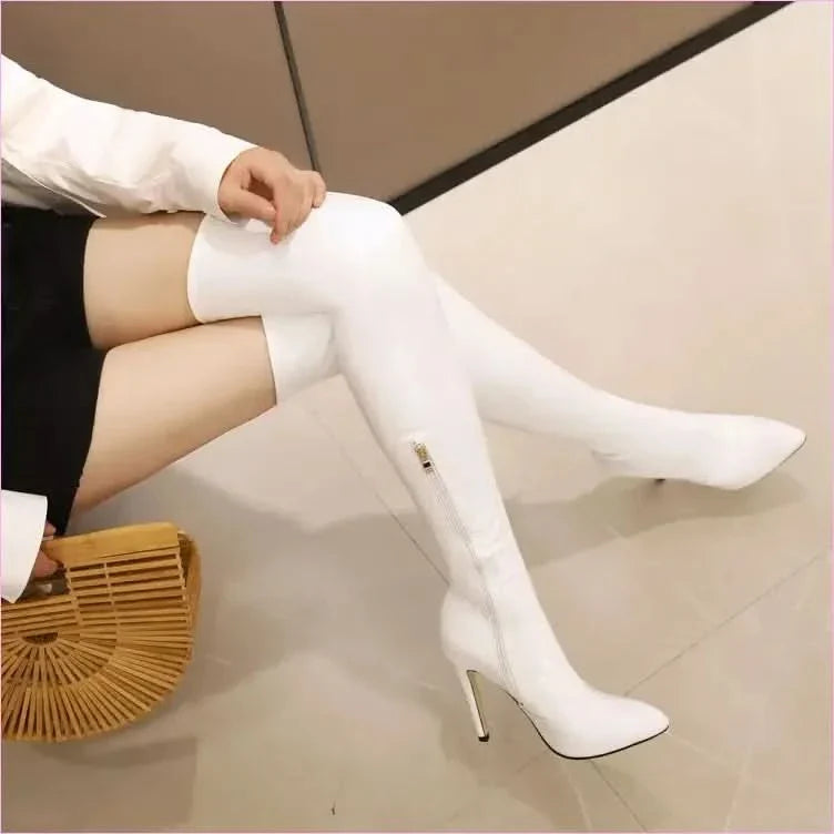 Shiny Black Thigh-high Patent Leather High Heel Womens Boots