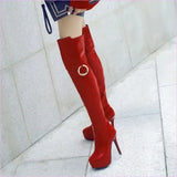 Shiny Black Unisex Platform High Heel Round Toe Knee Boots with Metal Ring