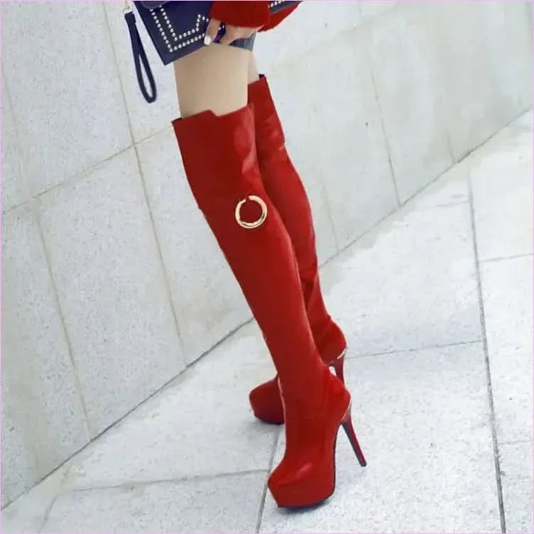 Shiny Black Unisex Platform High Heel Round Toe Knee Boots with Metal Ring