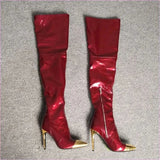 Shiny Burgundy Boots with Pointed Gold Toe for Bold Style