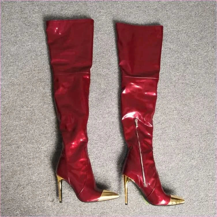 Shiny Burgundy Boots with Pointed Gold Toe for Bold Style