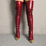 Shiny Burgundy Boots with Pointed Gold Toe for Bold Style
