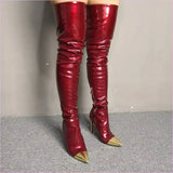 Shiny Burgundy Boots with Pointed Gold Toe for Bold Style