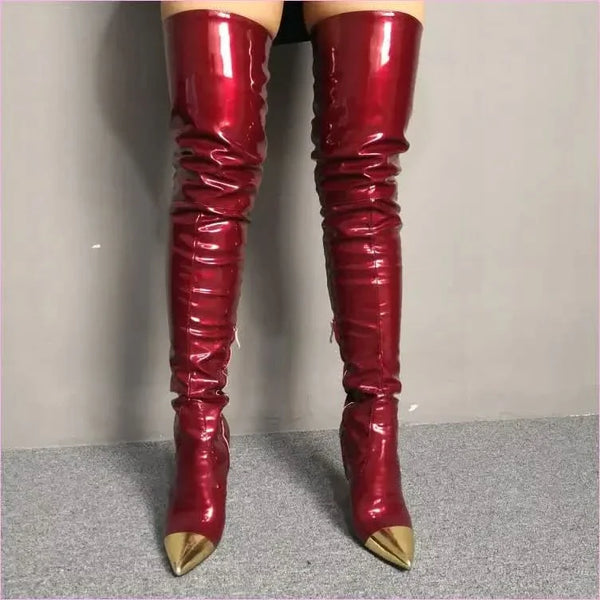 Shiny Burgundy Boots with Pointed Gold Toe for Bold Style