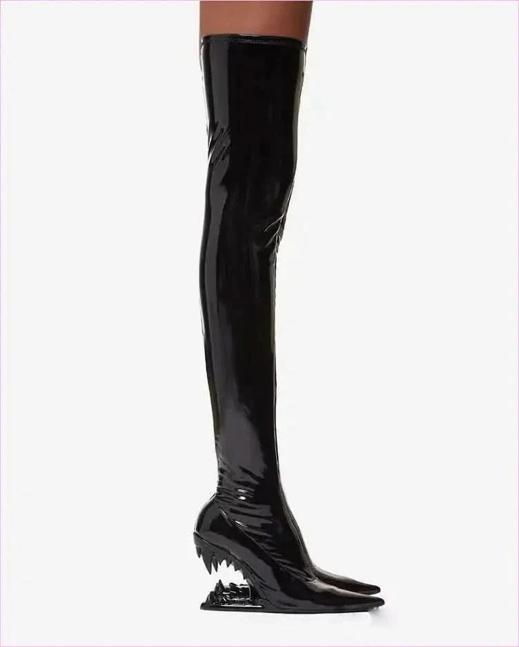 Shiny Red Fitted Luxury Thigh Length Boots with Shark Mouth Heels