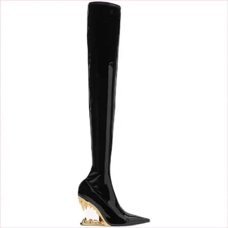 Shiny Red Fitted Luxury Thigh Length Boots with Shark Mouth Heels
