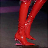 Shiny Red Fitted Luxury Thigh Length Boots with Shark Mouth Heels