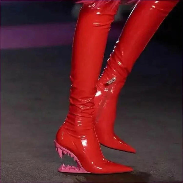 Shiny Red Fitted Luxury Thigh Length Boots with Shark Mouth Heels