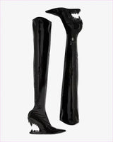 Shiny Red Fitted Luxury Thigh Length Boots with Shark Mouth Heels