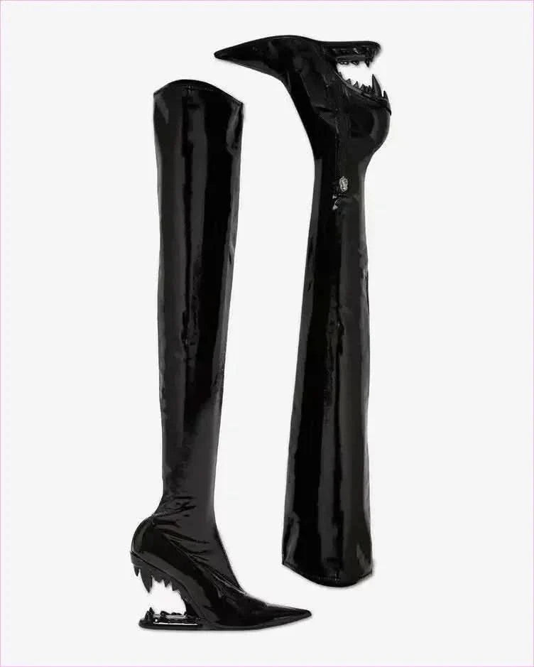 Shiny Red Fitted Luxury Thigh Length Boots with Shark Mouth Heels