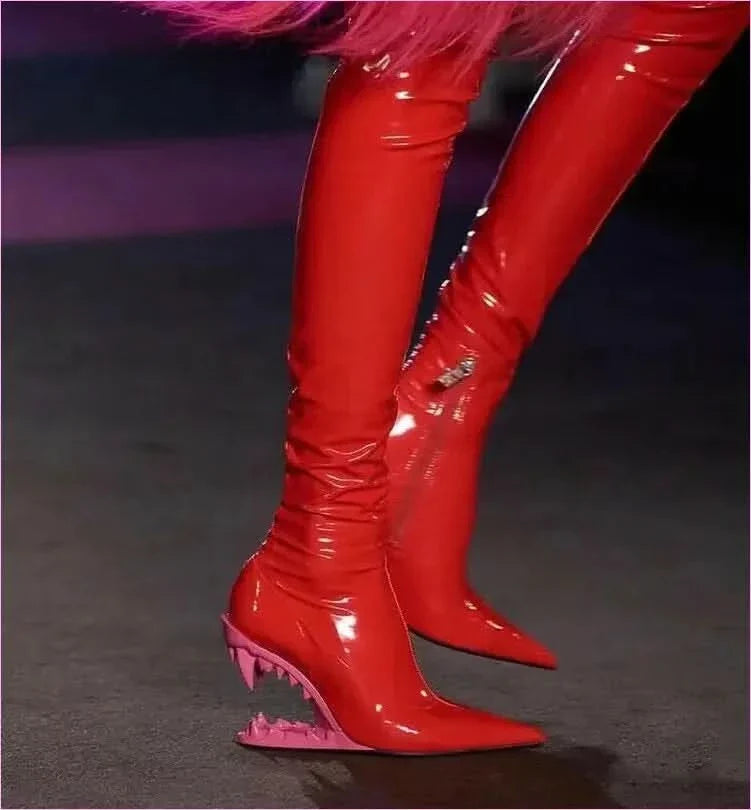 Shiny Red Fitted Luxury Thigh Length Boots with Shark Mouth Heels