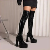 Shiny Red Skin Tight Patent Chunky Heel Thigh-high Boots