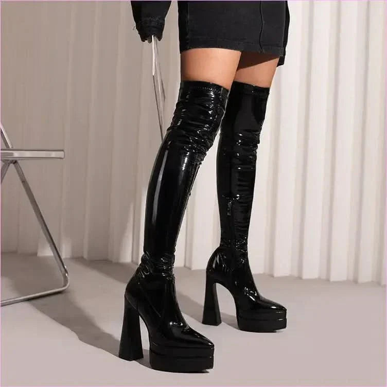 Shiny Red Skin Tight Patent Chunky Heel Thigh-high Boots